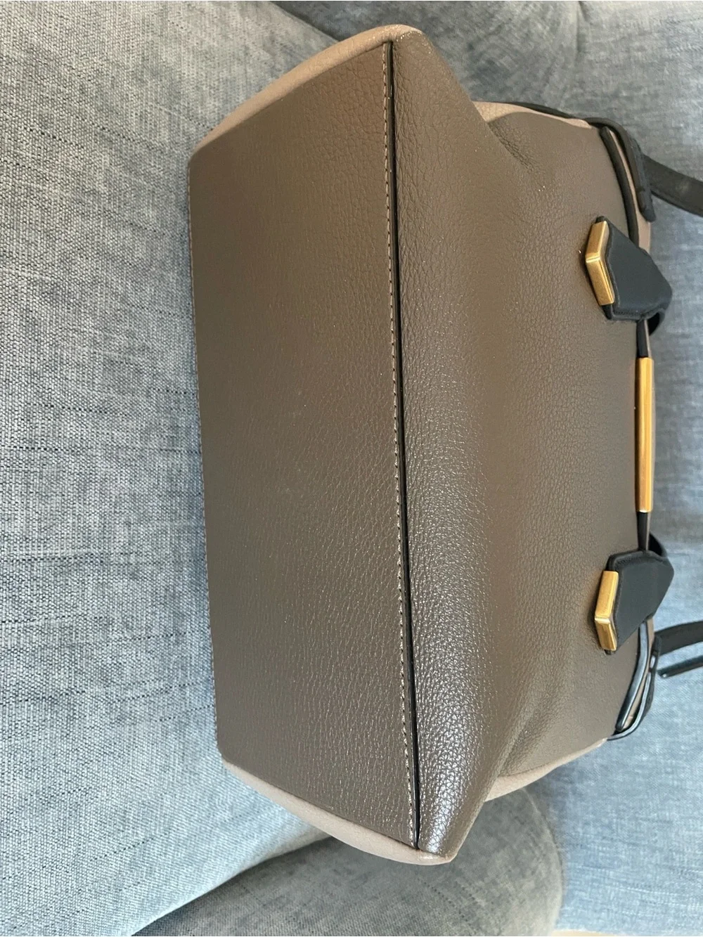 Marc Jacobs Taupe and Black Pebbled Leather Satchel with Gold Accents